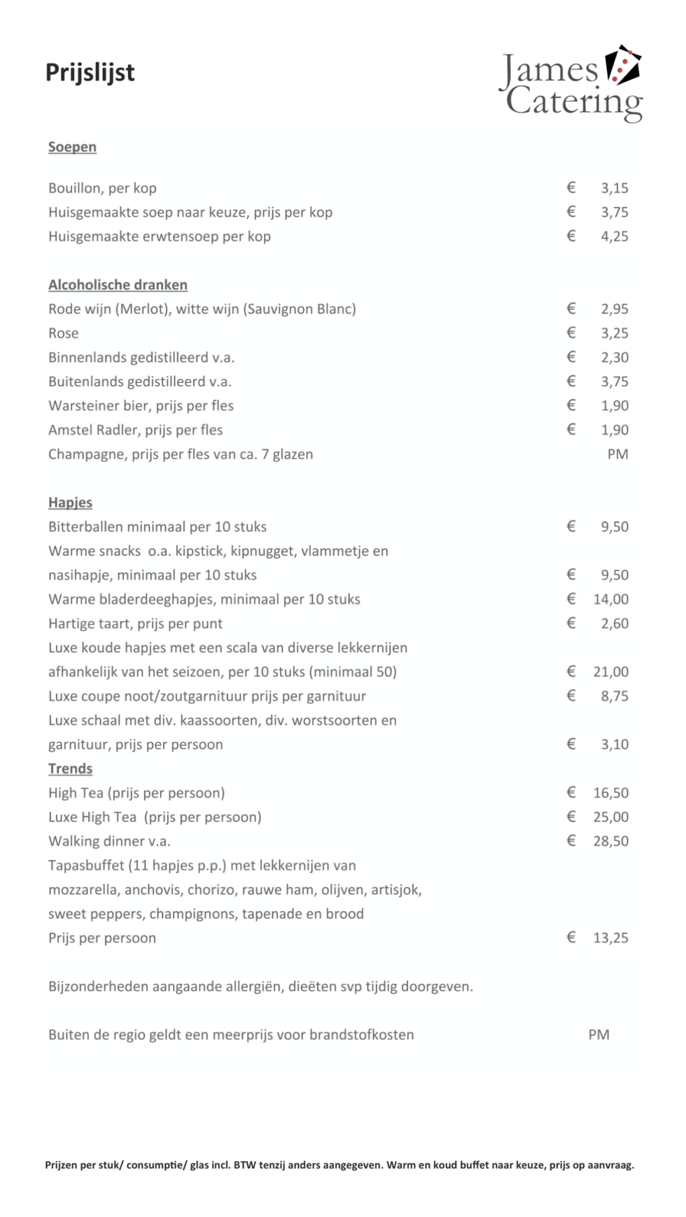 James Catering Tarieven uitvaartcatering in regio Utrecht