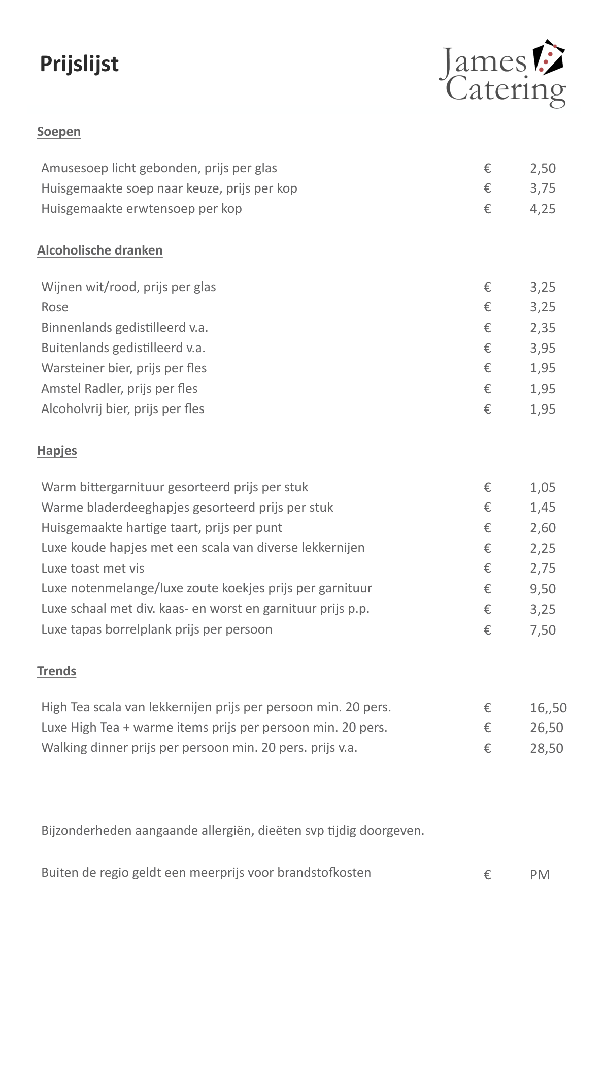 James Catering Tarieven uitvaartcatering in regio Utrecht